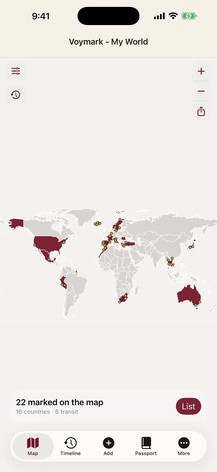 The Voymark Atlas map: 16 visited countries filled in burgundy across every continent, gold dots where photos were taken