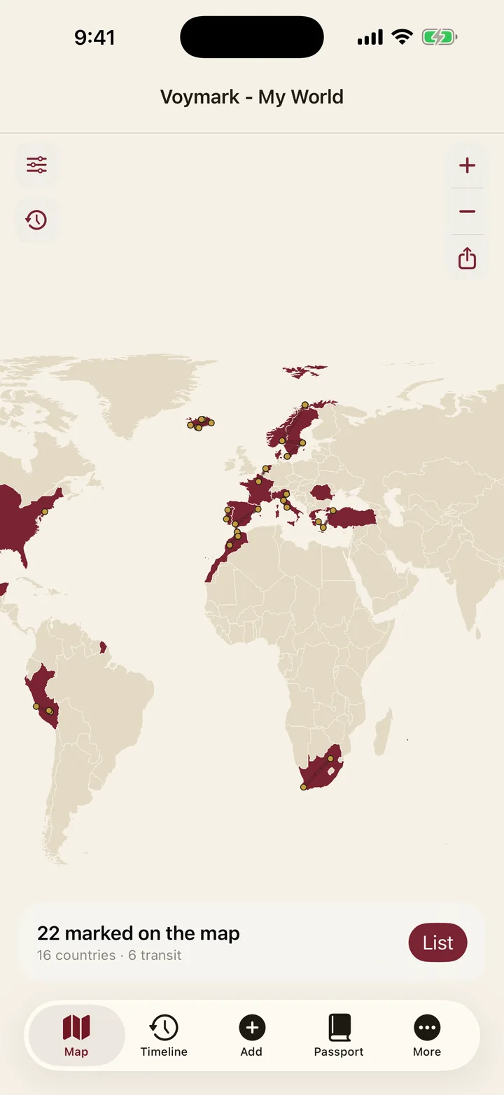 The same world on the aged Paper map style, visited countries in burgundy on parchment