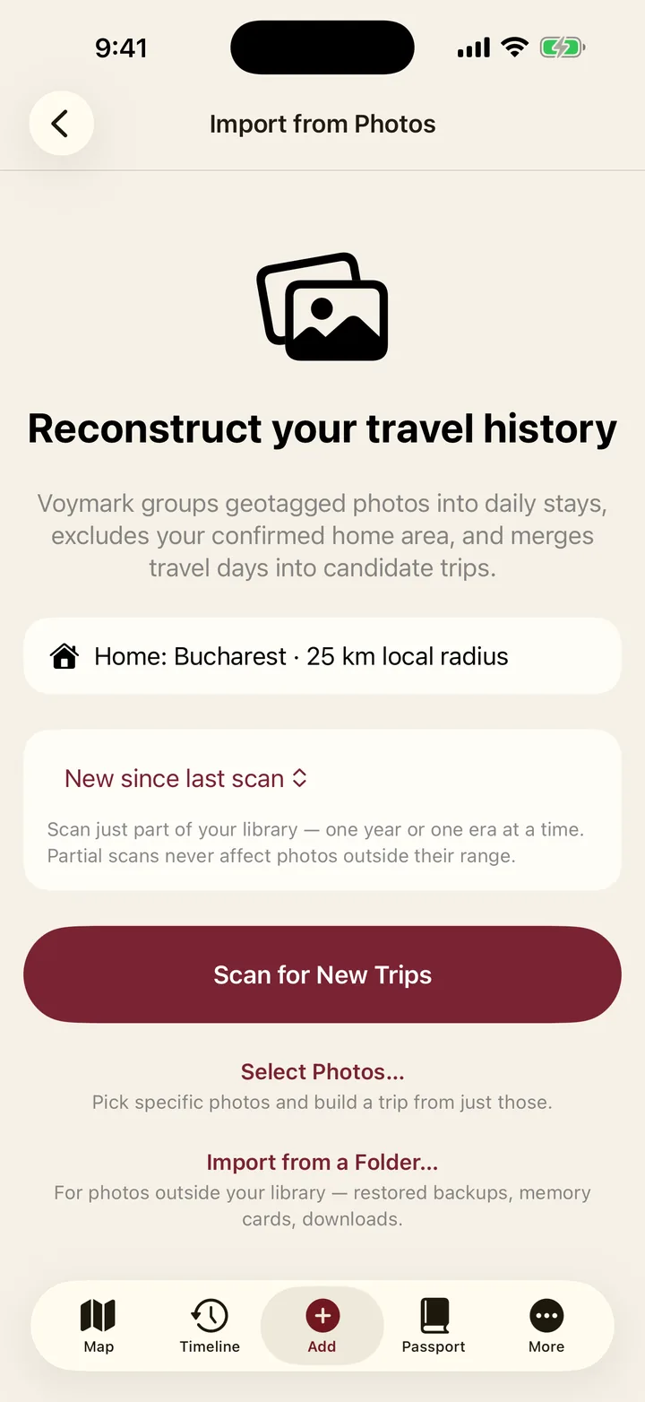 Photo import review: detected trips to Iceland, Italy, Japan and Morocco with their dates and photo counts, each waiting to be approved