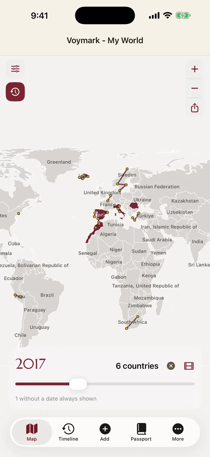 The time machine slider set to 2017: the map shows only the 6 countries visited by then