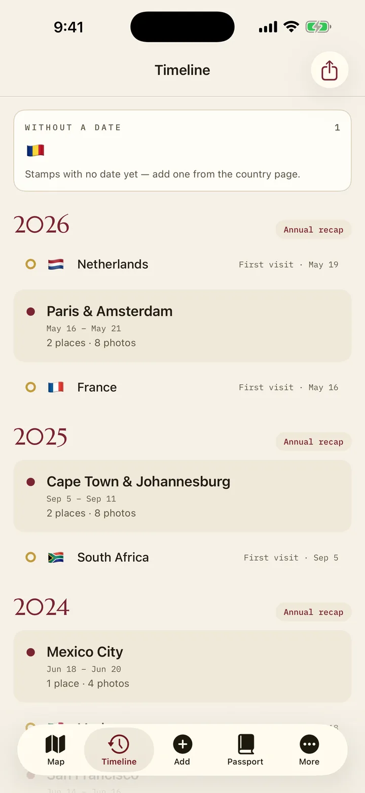 The Voymark timeline: trips stacked by year with their dates, places and photo counts, and a first-visit stamp beside each new country
