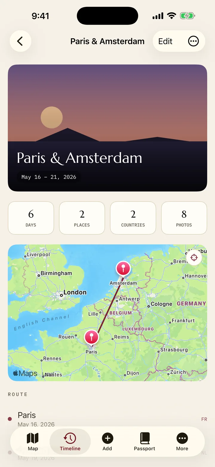A trip page: Paris & Amsterdam, 6 days, 2 places, 2 countries, 8 photos, with the route drawn between the two cities